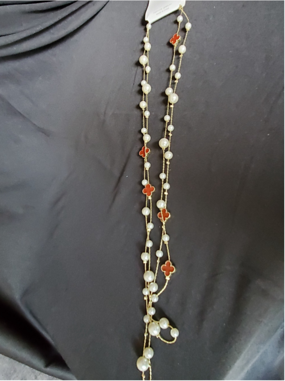 Pearl and Red Clover long double layer Necklace